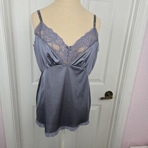 Ashley Taylor Vtg Satin Camisole Top Size 40 Nylon Lace Lingerie Blue Gray USA